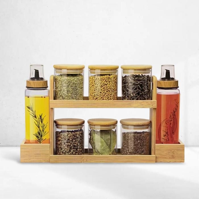 Organisateur de cuisine - Non spécifié - 8 pièces - Pots en verre - Couvercles en bambou - Hermétique