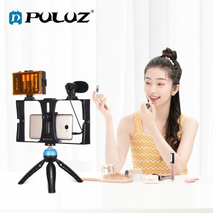 Puluz 4 en 1 Stabilisateur Vlogging Rig Case avec LED, Microphone et support de Trépied pour Smartphones
