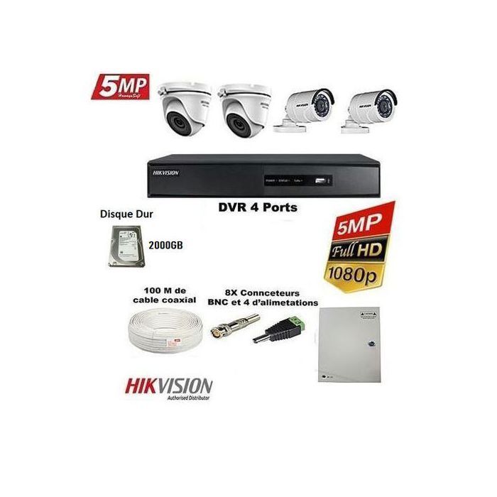 Hikvision Pack Complet 4 Caméras de Surveillance de A à Z de 5MP Jour/Nuit