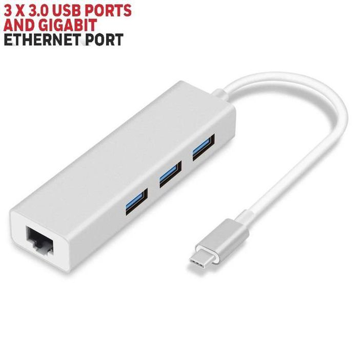 Adaptateur boitier aluminium USB Type C vers Lan Hub USB 3.0 3 ports+Ethernet réseau RJ45