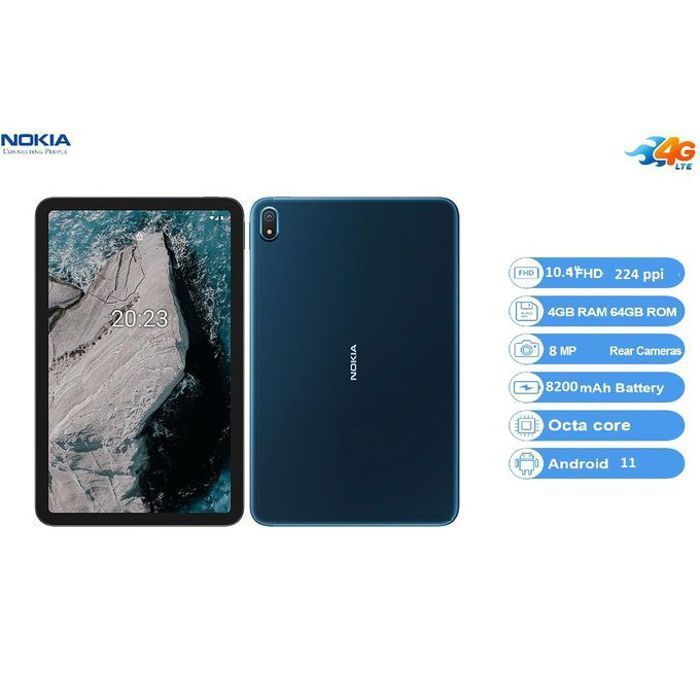 Nokia Tablette T20 10.4" IPS 4G 64GB Ram 4GB Android 11 8Mp 8200 mAh- Bleu Océan