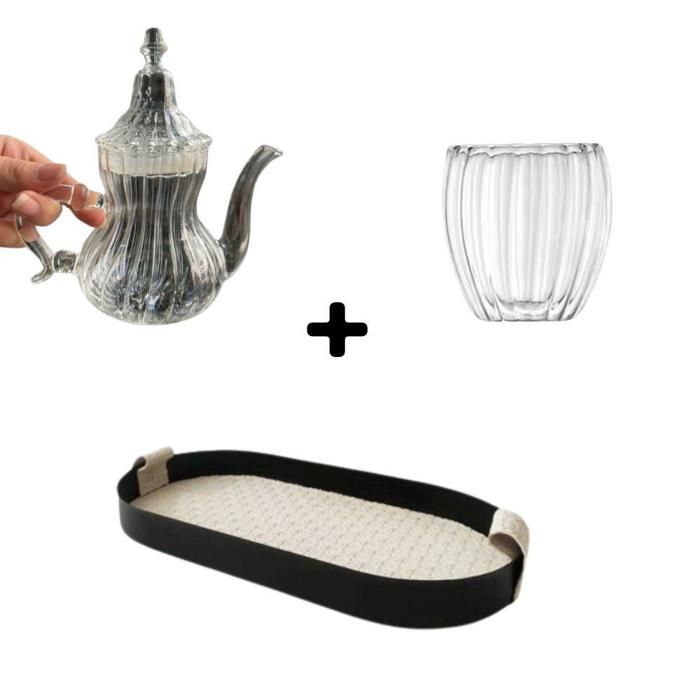 Set à Tisane - Non spécifié - 3 pièces - Verre double paroi - Plateau métal et cuir - Théière 400 ml