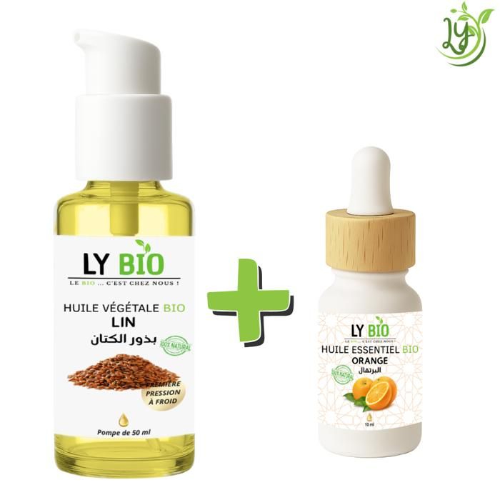 Pack d'huiles - LYBIO - Huile de lin 50ml - Huile essentielle orange 10ml - Réparateur - Mixte