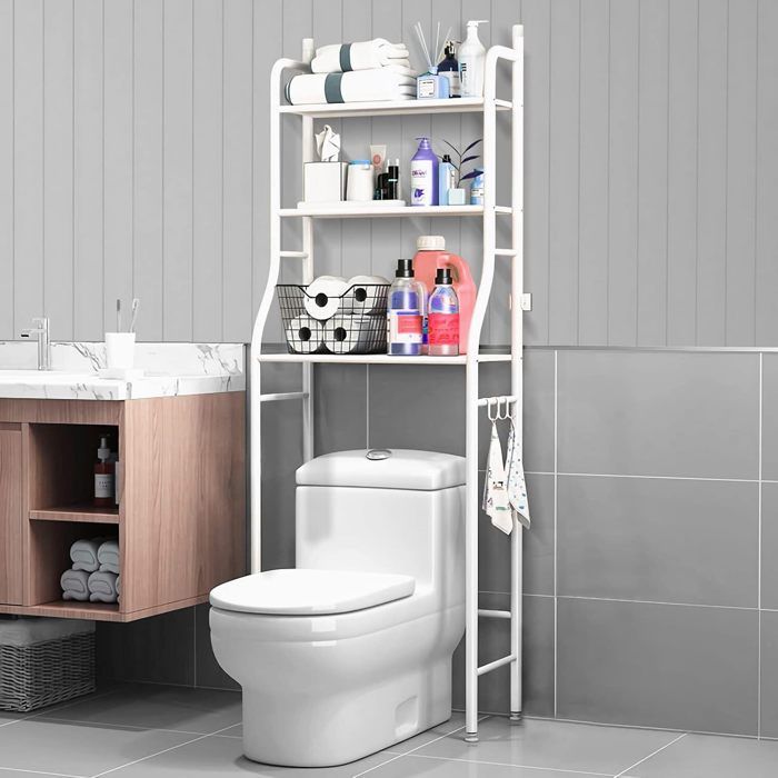 Étagère Salle de Bain à 3 Niveaux pour Toilette - Pieds Réglables en Hauteur - Étagère de Rangement Murale en Acier Anticorrosion