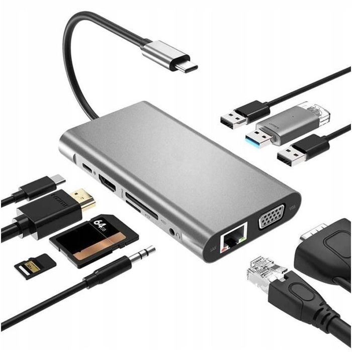 Adaptateur HUB 10IN1 USB-C LAN Gigabit RJ45 HDMI 4k Micro SD 3x USB 3.0 Power Delivery PD