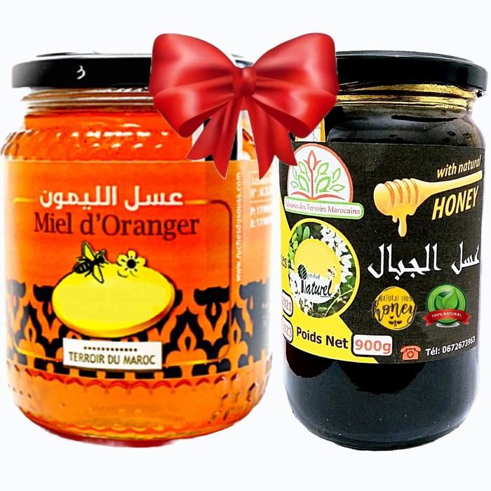 Miel de Montagnes 100% Naturel (Antispasmodique, Antiseptique, Tonifiant) 900g + Miel oranger 100% naturel 1kg