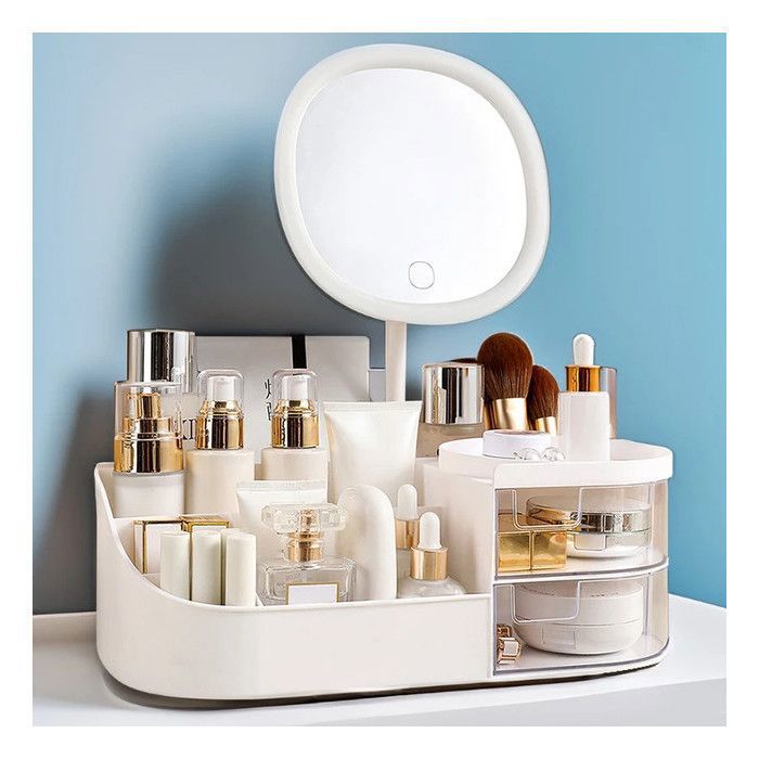 Boîte de rangement de maquillage - MAANGE - Miroir lumineux tactile - Blanc - Design chic - Multifonctionnelle