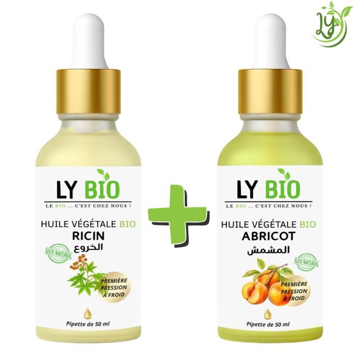 Pack d'huiles - LYBIO - Huile de ricin 50ml - Pipette - Huile d'abricot 50ml - Pipette
