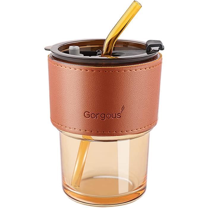 Verre à Eau avec Couvercle et Paille, Mug en Verre Hermétique et étanche, pot Tasse à thé à Bulle avec Manchon Isotherme, A831