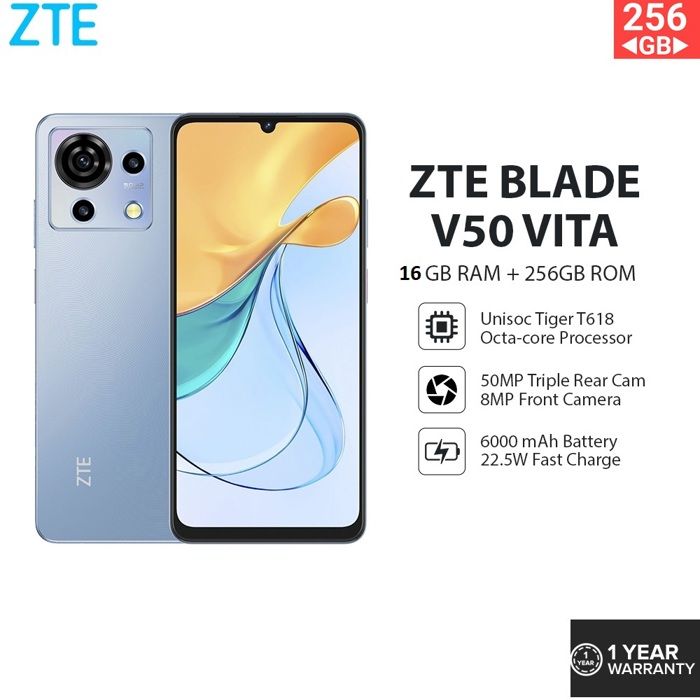 Zte Smartphone 4G 6.75" Gsm-Dual Sim-50MP-256GB-Ram 14GB-Empreinte Blade V50-Bleu