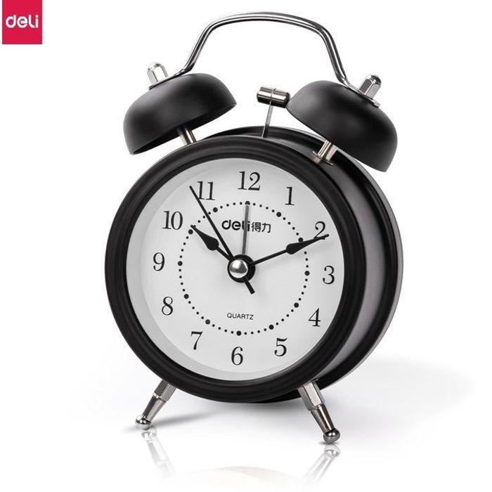 Deli Horloge Reveil Alarme analogique 9024 cadre en acier inoxydable fluorescente