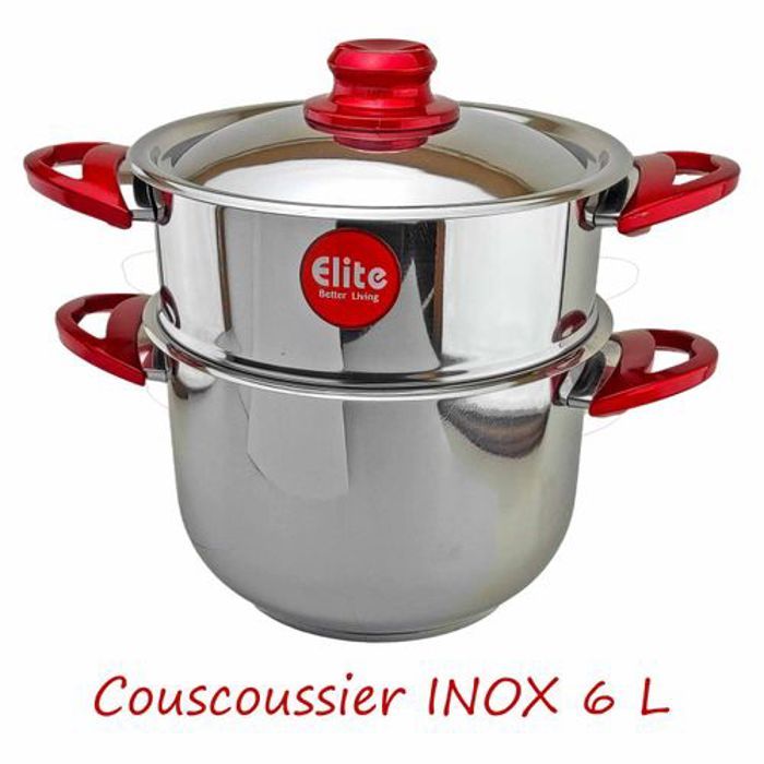 Elite Couscoussier INOX 6 Litres, Couvercle en Inox, Marmite de Couscous 3 en 1