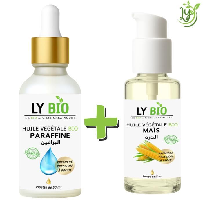 Pack Huile - LYBIO - Huile Paraffine 50ml - Pipette - Huile Mais 50ml - Pompe