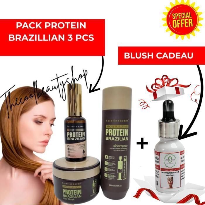 Protein Brazilian - Pack Shampoing + Masque + Huile + blush cadeau  natural beauty