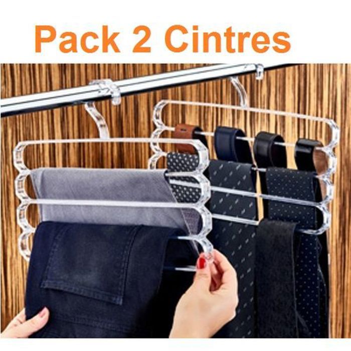 Pack 2 Cintres pantalons en plastique Cristal pour rangement des pantalons