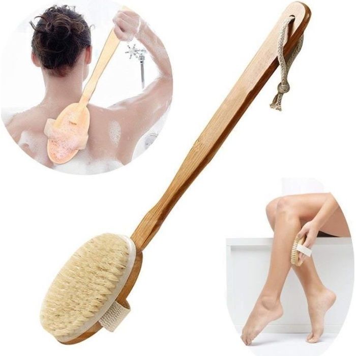 Kroppsbørste - Badbørste - Naturlige villsvinbust - Långt handtag - Anticellulit