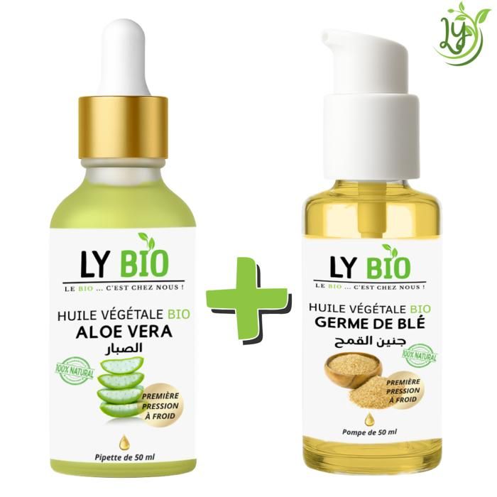 Pack Huile Aloe Vera 50ml - LYBIO - Huile Germe de Blé 50ml - Hydratant - Mixte - Tous types de cheveux