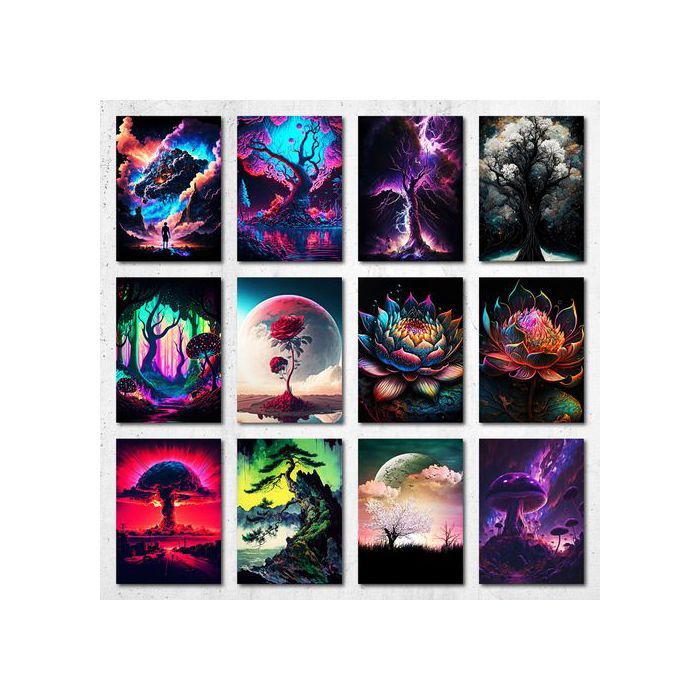 Poster A5 - Abstract - Lightning Trees In Space - Papier photo 350g - Décoration murale - Contemporain
