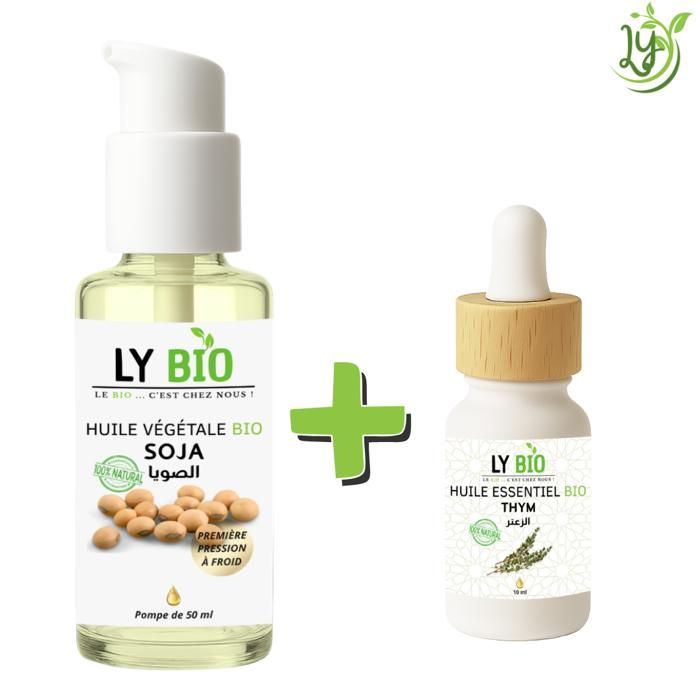 Pack de soins - LYBIO - HUILE SOJA 50ML - POMPE - HUILE ESSENTIEL THYM 10ML - Hydratant