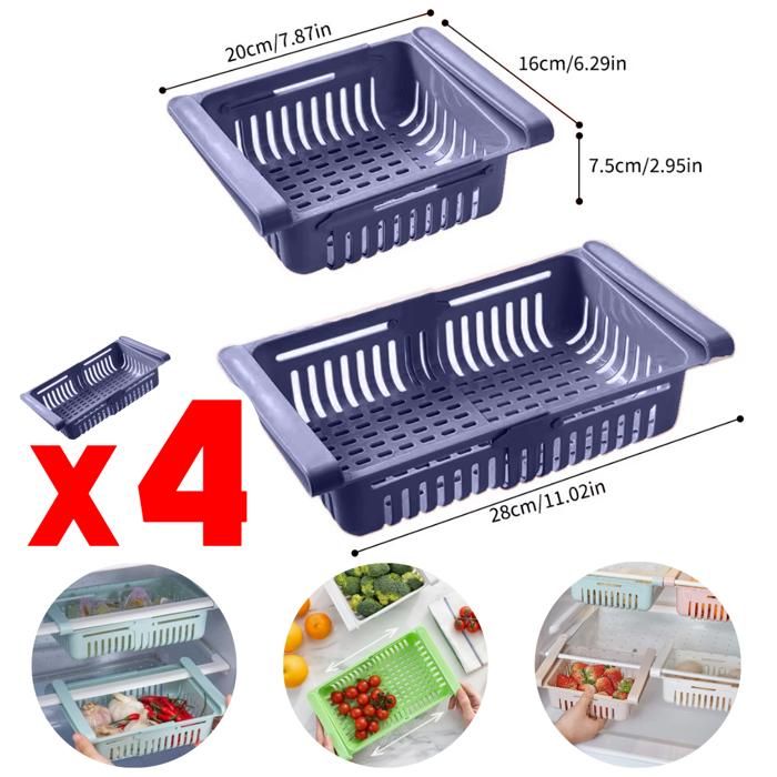 4 Paniers de rangement extensible pour réfrigérateur Bac de Rangement Multifonctionnel pour la Cuisine et la Maison