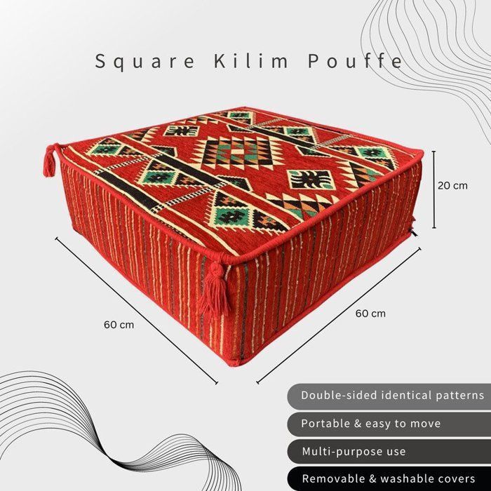 Pouf Kilim traditionnel - Coton avec Mousse Dolidol - Dimensions 60x60x30 cm - Rouge 1