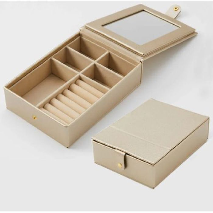 boîte de rangement de bijoux en similicuir avec miroir beige