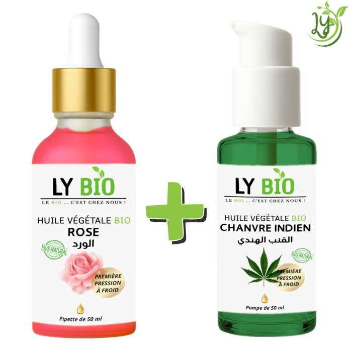 Pack de soins - LYBIO - Huile Rose 50ml - Pipette - Huile Chanvre 50ml - Pompe