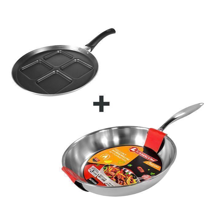 Pack Poêle (Inox18+) + Crépière- LAMACOM - 24cm - Ergonomique -