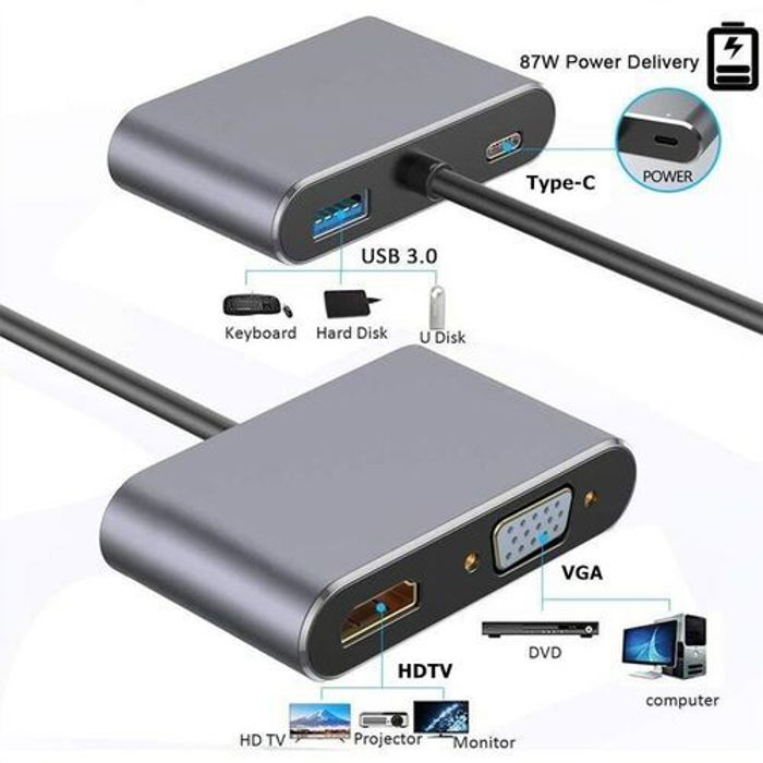 Adapteure Gris Type C 4 In 1 Hdmi+Vga+Usb 3.0+Dp