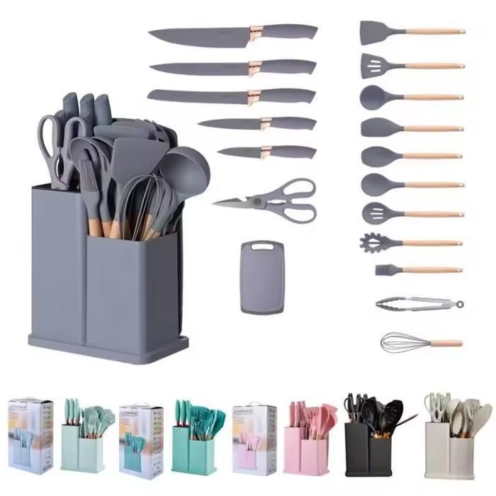 Ustensiles de cuisine - Non spécifié - Ensemble de 19 pièces - Silicone - Manche en bambou - Antiadhésif