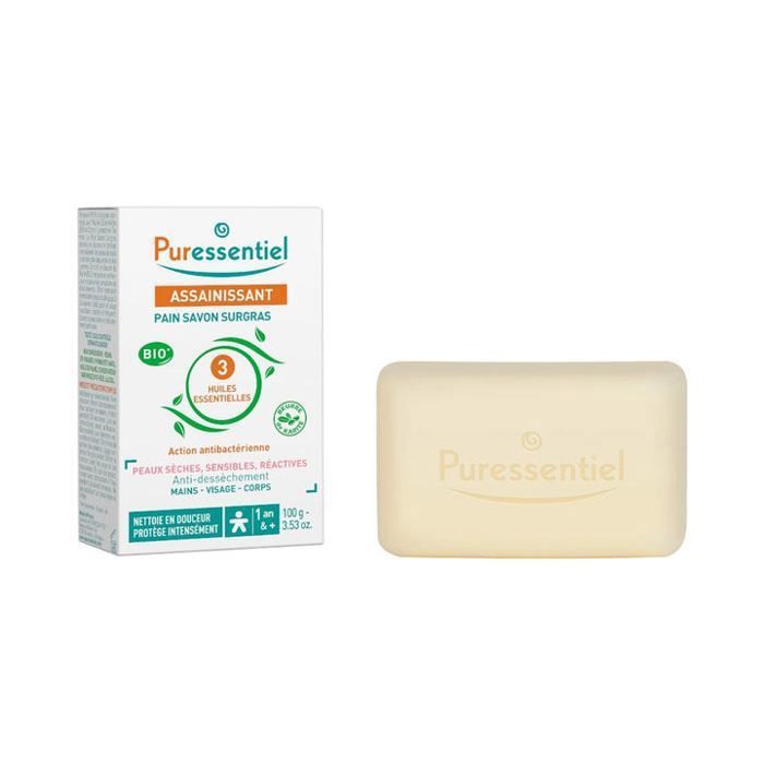 Savon solide - Puressentiel - 100g - Aux 3 huiles essentielles - Sans parabène - Surgras