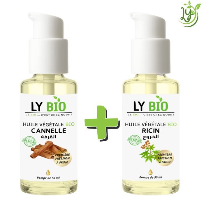 LYBIO PACK HUILE CANNELLE 50ML - POMPE + HUILE RICIN 50ML - POMPE