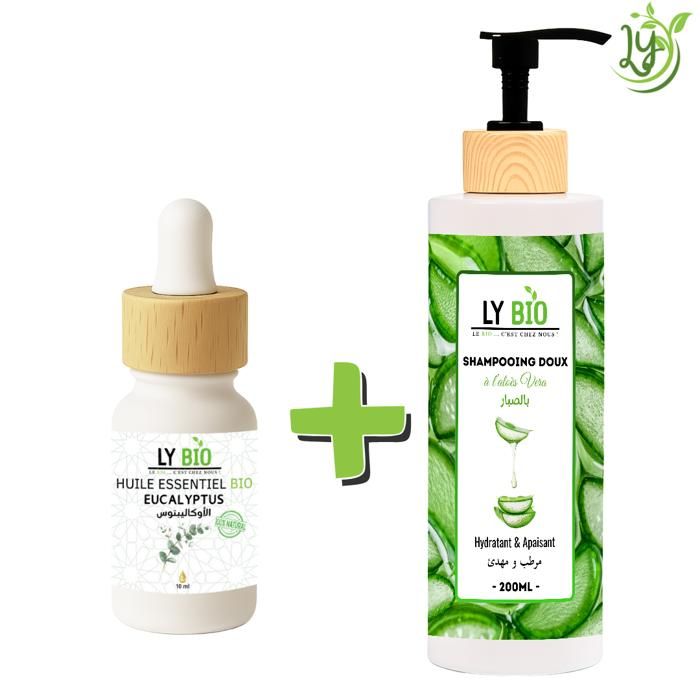 Pack - LYBIO - Huile Essentielle Eucalyptus 10ml - Shampooing Aloe Vera 200ml - Hydratant - Apaisant