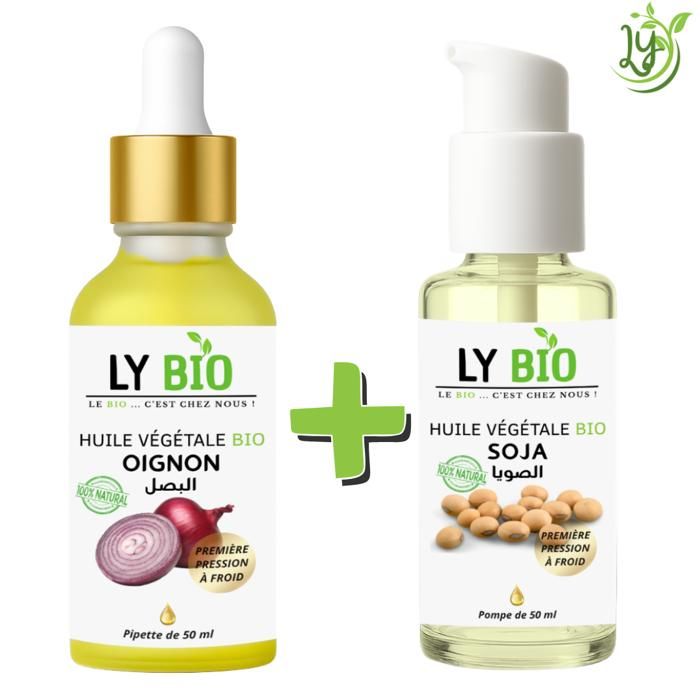 Pack de soins capillaires - LYBIO - Huile d'oignon 50ml - Huile de soja 50ml - Hydratant - Anti-chute