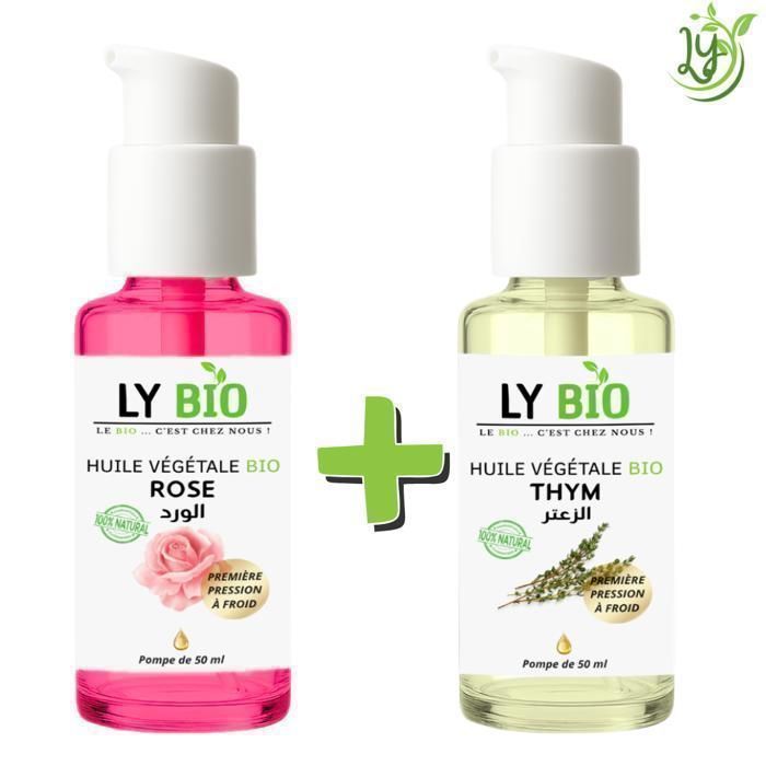Pack d'huiles végétales bio - LYBIO - Huile de rose et thym - 50ml - Hydratant - Nourrissant