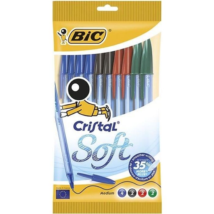 BIC® - Lot de 10 Stylos à bille Cristal® Soft - Noir, bleu, rouge et vert