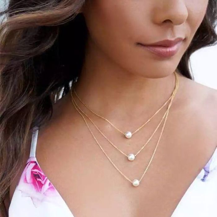 Collier - FASHION - Triple Chaîne - Pendentif Perle - Doré - Plaqué Or