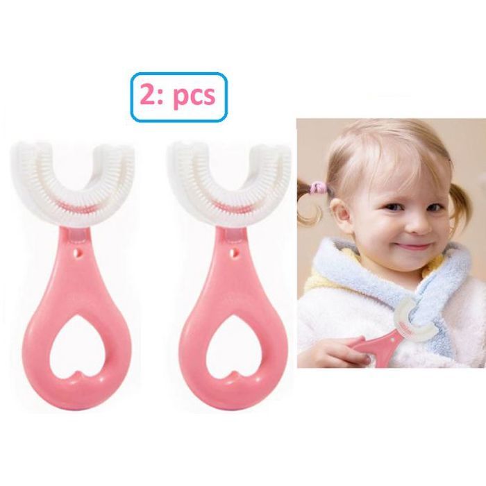 2 brosse à dents en forme de u pour enfants, rose, en silicone