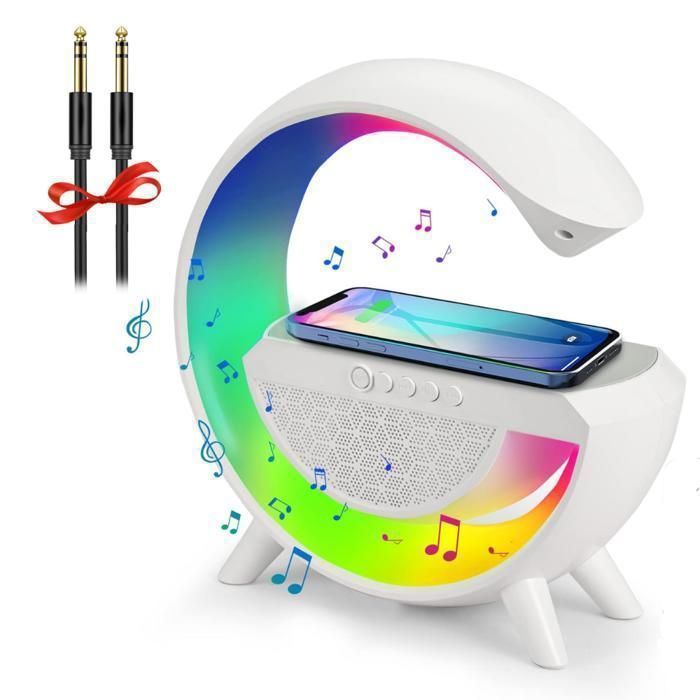 Haut-Parleur Bluetooth Multifonction – Chargeur Sans Fil, Radio FM & Veilleuse RGB  avec Cable Auxiliaire Gratuit