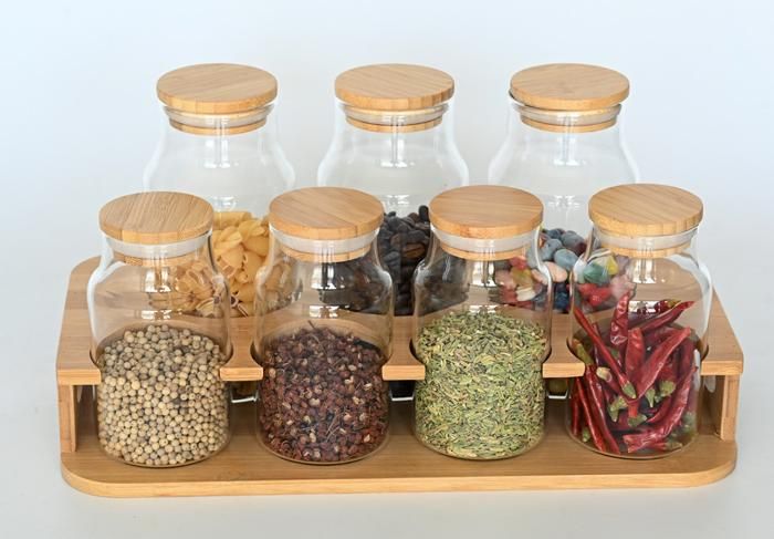 ENSEMBLE DE 7PCS DE BOCAUX EN VERRE AVEC COUV ET SUPPORT EN BAMBOU