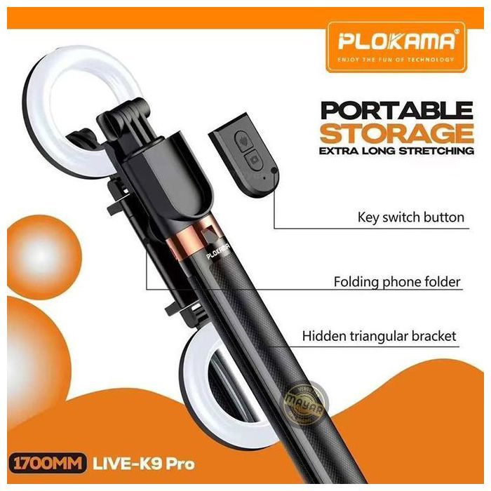 PLOKAMA K9 Pro Trépied Tout-en-un de 170 cm avec 2 LED, Perche à Selfie Bluetooth