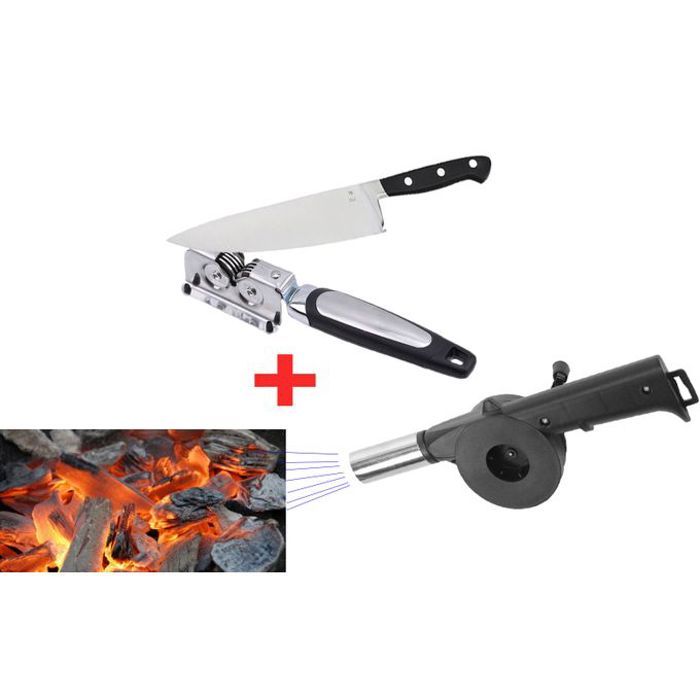 Kit ventilateur de barbecue manuel souffleur charbon + aiguiseur de couteaux