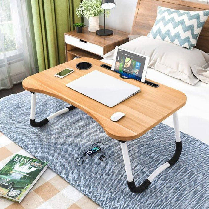 Table de Lit Portable pour Pc et pliable pour ordinateur portable avec Porte Gobelet Beige
