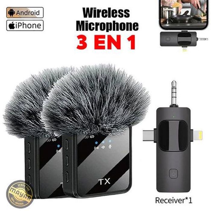 Microphone sans fil Lavalier - Non spécifié - 3 en 1 - Réduction de bruit - Portée 24,4m - Autonomie 12h