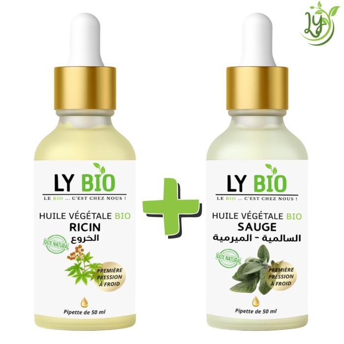 Pack d'huiles végétales - LYBIO - Huile de ricin 50ml - Huile de sauge 50ml - Pour tous types de cheveux