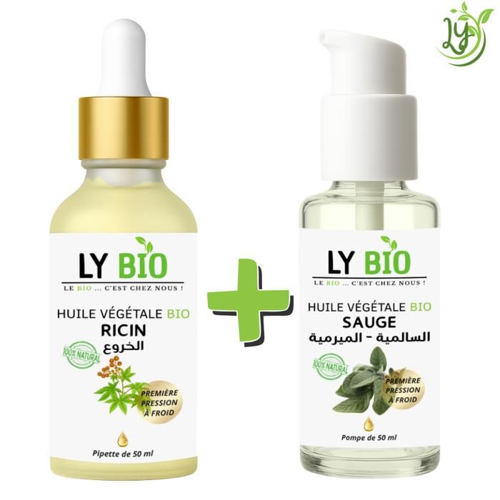 Pack d'huiles végétales - LYBIO - Huile de ricin 50ml - Huile de sauge 50ml - Soin cheveux - Mixte