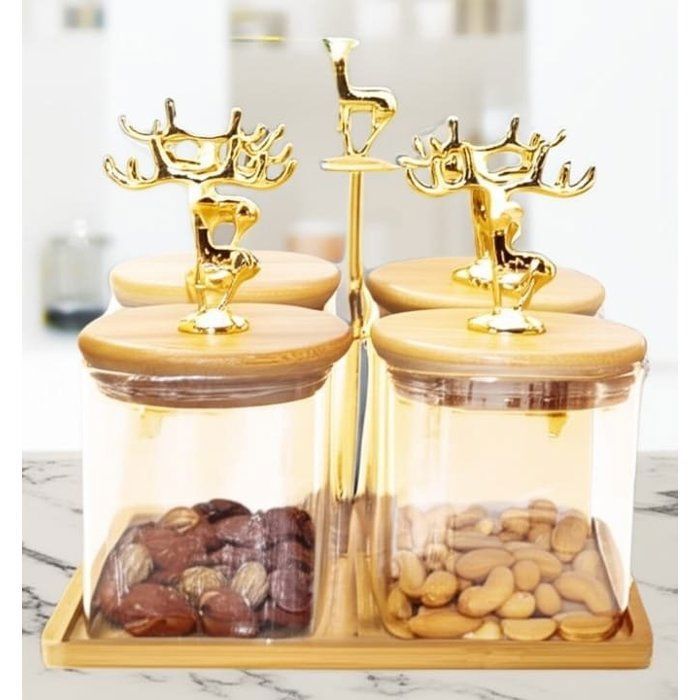 Ensemble de 4 bocaux en verre avec couvercles bois et figurines dorées –