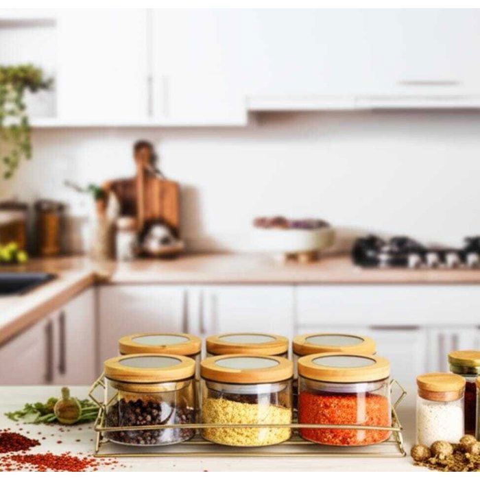 Set de 6 bocaux en verre ambré avec couvercles en bois + support doré –