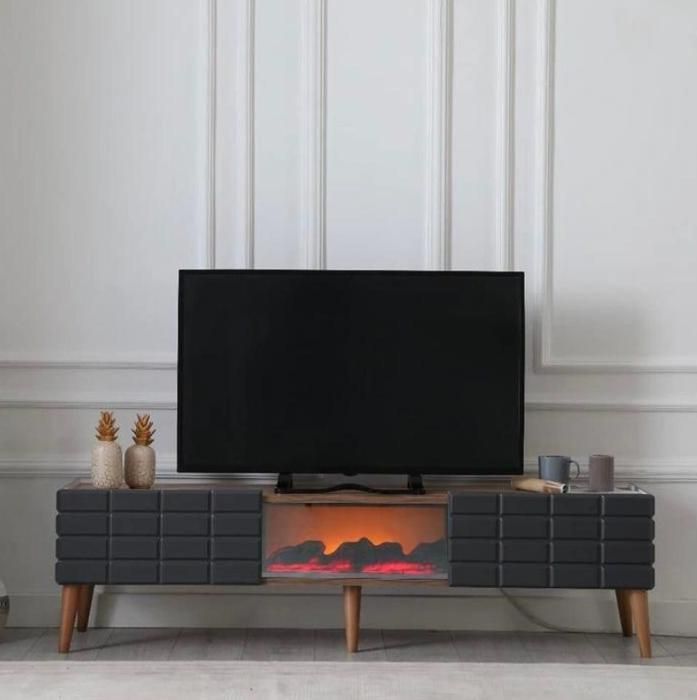 Meuble TV - Loft - 1m70 - Foyer électrique - Noir - Rangement intégré