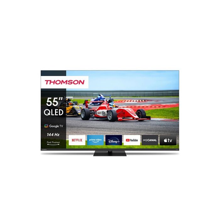 TV LED Thomson Google TV 55" QLED Pro avec pied central rotatif, 144Hz 140cm 2024